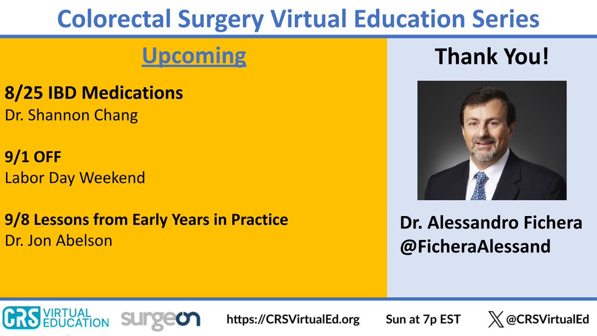 CRSVirtualEd (@crsvirtualed) on Twitter photo Thank you to <a href="/FicheraAlessand/">Alessandro Fichera</a> for an excellent talk! Didn't get enough IBD this weekend? We will discuss IBD meds with <a href="/shannonchangmd/">Shannon Chang, MD</a> from <a href="/nyulangone/">NYU Langone Health</a> for this Sunday's session!
<a href="/surgeonapp1/">SurgeOn</a>
#IBD #CRSVE #MedEd #SoMe4Surgery Thank you to <a href="/FicheraAlessand/">Alessandro Fichera</a> for an excellent talk! Didn't get enough IBD this weekend? We will discuss IBD meds with <a href="/shannonchangmd/">Shannon Chang, MD</a> from <a href="/nyulangone/">NYU Langone Health</a> for this Sunday's session!
<a href="/surgeonapp1/">SurgeOn</a>
#IBD #CRSVE #MedEd #SoMe4Surgery