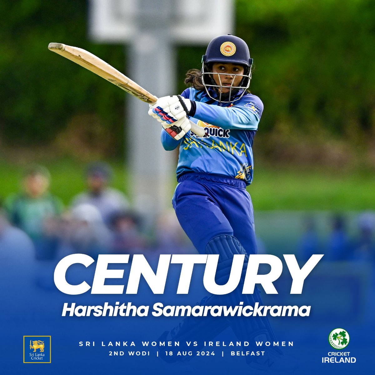 OfficialSLC's tweet photo. What a knock! Harshitha Samarawickrama brings up her maiden ODI century, becoming the 3rd Sri Lankan woman to achieve this feat! #IREvSL https://t.co/oeabBmpJy8