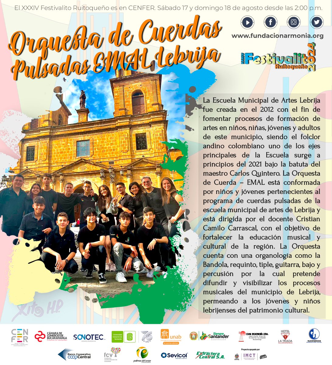 Elfestivalitoo's tweet photo. #Festivalito2024
Hoy en la edición XXXIV del Festivalito Ruitoqueño el sonido de la Orquesta de Cuerdas Pulsadas de la Escuela Municipal de Artes de Lebrija.

¡Los esperamos!
Hoy domingo desde las 2:00 p. m. 
Boletas en la taquilla de #CENFER https://t.co/F8RqaWFrAG