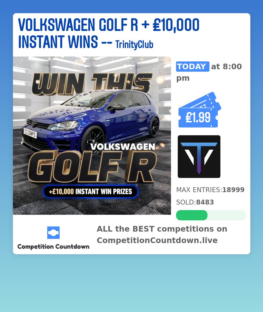 CompetitionCou1's tweet photo. Check out this competition on https://t.co/qW8XujUG8M !
VOLKSWAGEN GOLF R + £10,000 INSTANT WINS
Competition Countdown does not run any competitions, we just show you all the best one is one place! 🔥🔥 WOW 👀
#superhatch #cars #cash #hyperhatch #winmoney #hothatch... https://t.co/iSHtUjJTtk