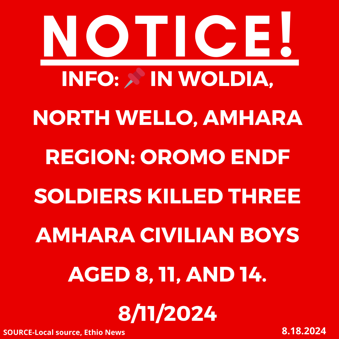 INFO: 📌In Woldia, North Wello, Amhara region: Oromo ENDF soldiers killed three Amhara civilian boys aged 8, 11, and 14. 8/11/2024

#Ethiopia #xotrin #Amharagenocide #Amharamassacre #OromoENDFmurdersAmharacivilians #OromoENDFkillings #endfkillingamharacivilians