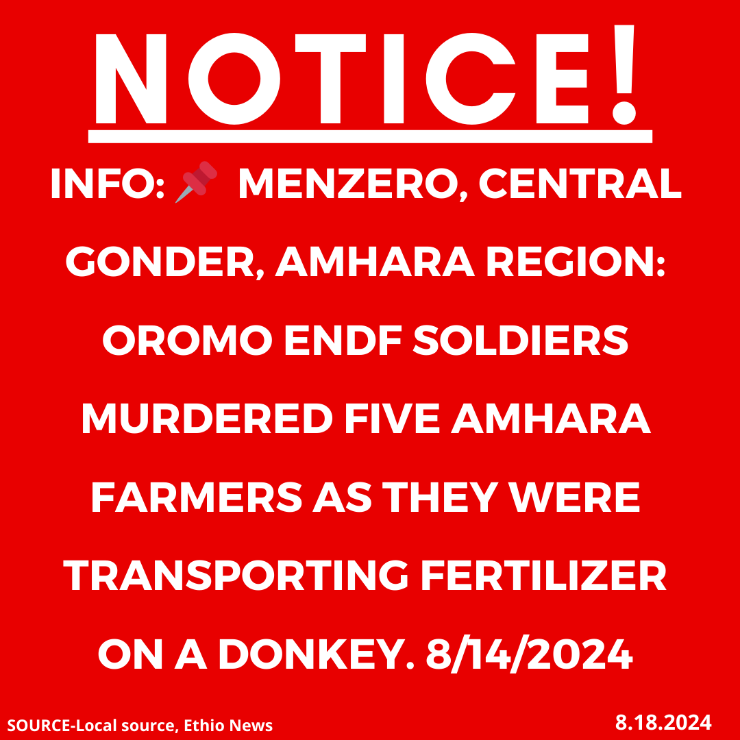 INFO: 📌Menzero, Central Gonder, Amhara region: Oromo ENDF soldiers murdered five Amhara farmers as they were transporting fertilizer on a donkey. 8/14/2024

#Ethiopia #xotrin #Amharagenocide #Amharamassacre #OromoENDFmurdersAmharacivilians #OromoENDFkillings