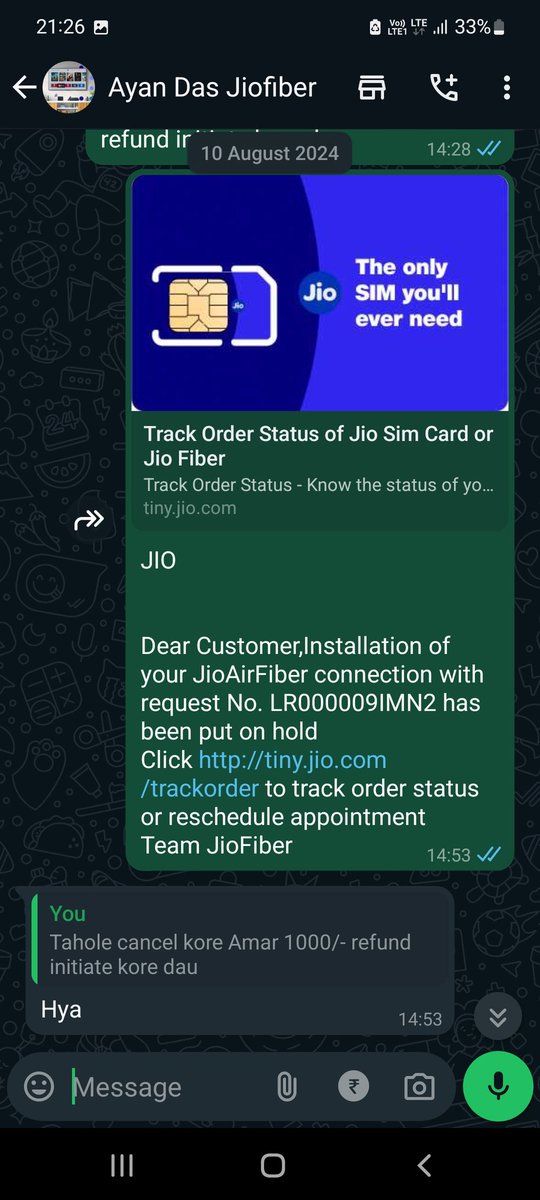 iamdevjoy's tweet photo. @JioCare @jagograhakjago @DoT_India #Jio Airfiber Scam
Ref : LR000009IMN2. 
Jio representative confirmed over the chat that connection is not possible but Jio is not cancelling the order after mutiple followups rather putting ON-HOLD to delay the refund. Please cancel and refund. https://t.co/jaMMv0uOrF