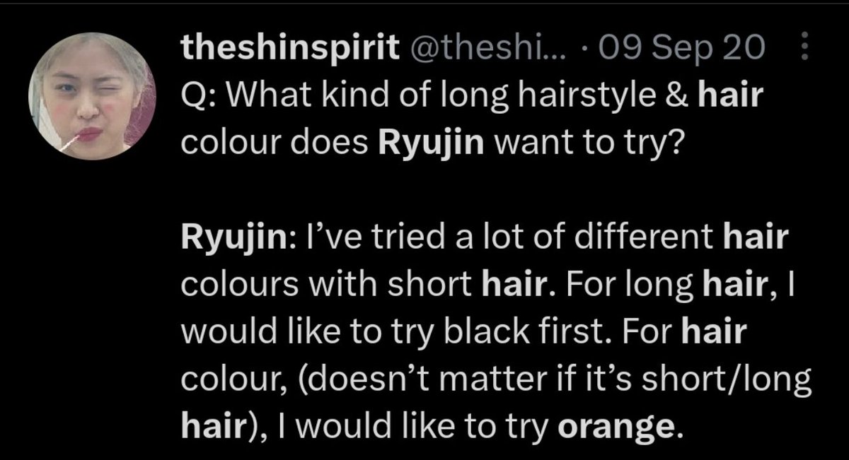 shnnryu's tweet photo. Also, let's not forget that she said she wanted to dye her hair orange since 2019.
#RYUJIN https://t.co/8HUSXWZ5vo