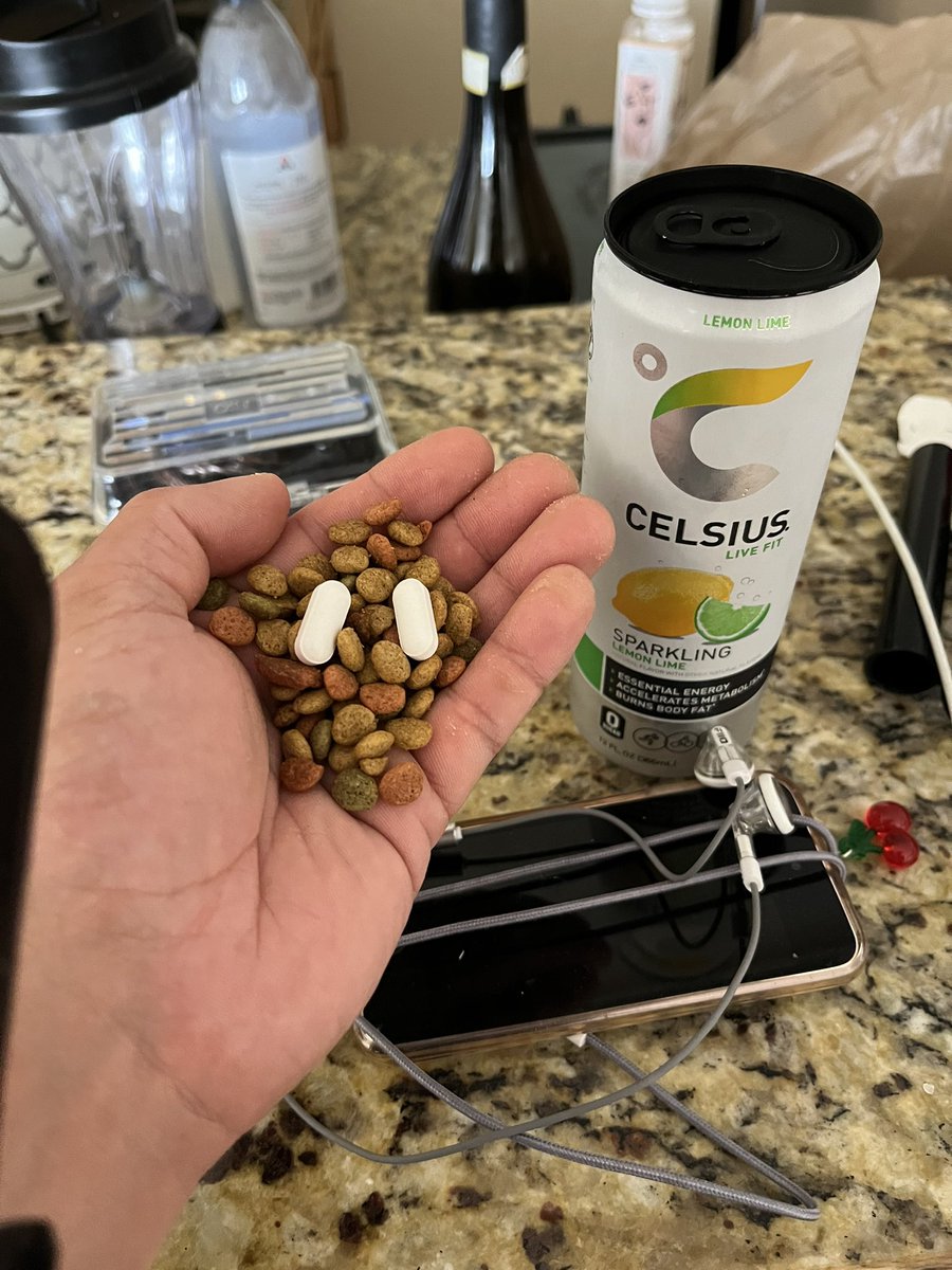 goodyhilton's tweet image. Two exedrin a celcius and a handful of dog food let's hit the gym fellas