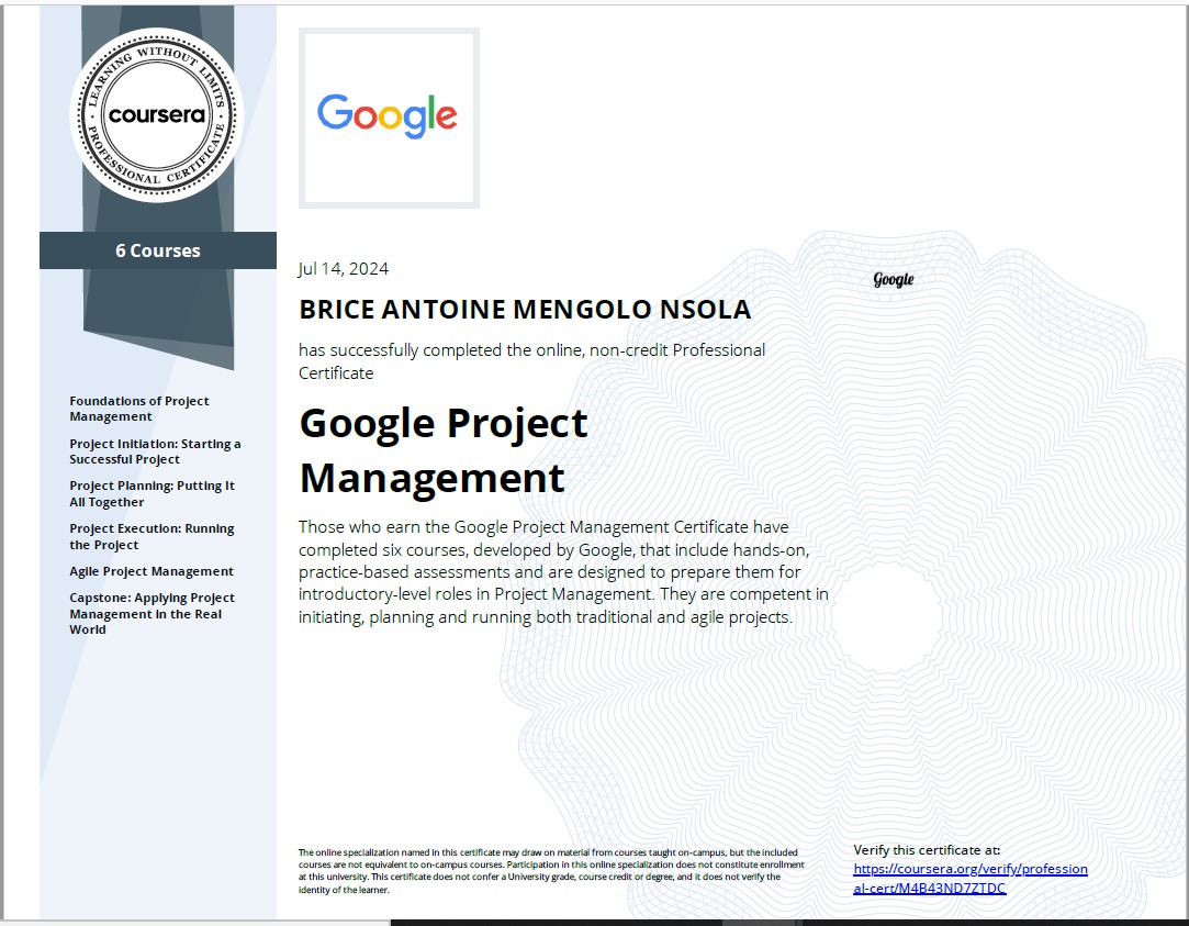 BriceMengolo's tweet image. Hi 😎I did it! 🎉 Just finished my Google Project Management training. Ready to level up our digital transformation game with these new skills. Let&apos;s build amazing things together! 🚀 #GoogleProjectManagement #DigitalTransformation #ProjectManagement #QualityExcellence