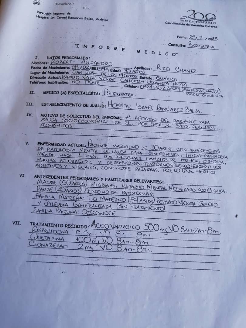 El se llama Roberto Rico , es un músico de Guarico , específicamente San Juan de los Morros . Tienen trastorno bipolar y retraso mental leve . Está detenido des el 29 de Julio por favor necesitamos que este en casa Paar recibir tratamiento. Ya no come