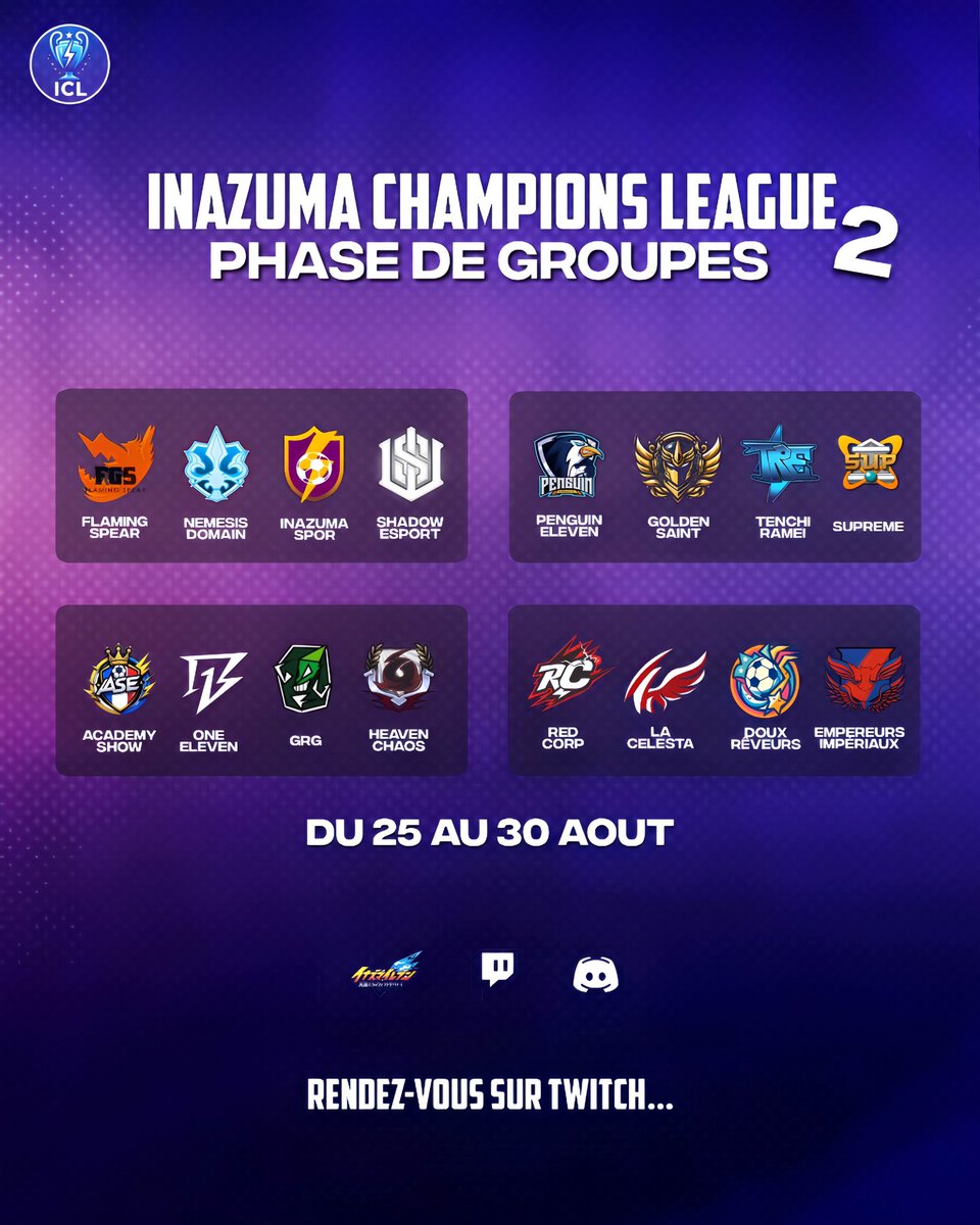 ALERTE ÉVÉNEMENT ⚠️

La meilleure compétition débute dans 1 semaine ! 
L’Inazuma Champions League regroupant 16 clans de 7 joueurs sélectionnés par les soins de chaque capitaine ! 
Tous les matchs seront cast par différents streamers, le BEINSPORT Inazuma est mis en place.