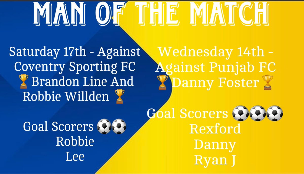 Man Of The Match for this week's games along with the Goal Scorers 

Well done all, not long now till the season starts 👏 

Up the Blades ⚽️💛💙