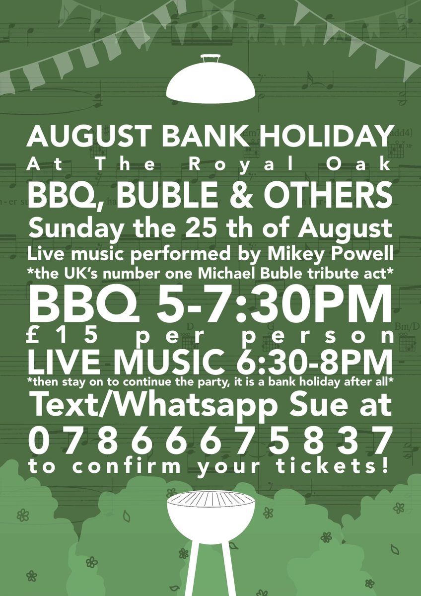RoyalOakTN8's tweet photo. Last call for this event, we have 20 spaces for the bbq (and Buble) left which needs to be booked with Sue on 07866 675837 via text or WhatsApp.
(no need to book for just drinks)
See you then!! 
Sue &amp; Oli xxx
@LimpsfieldUK @oxted @EdenbridgeTC 
@oxtedlocal @OLRG https://t.co/INTx9ty2k7