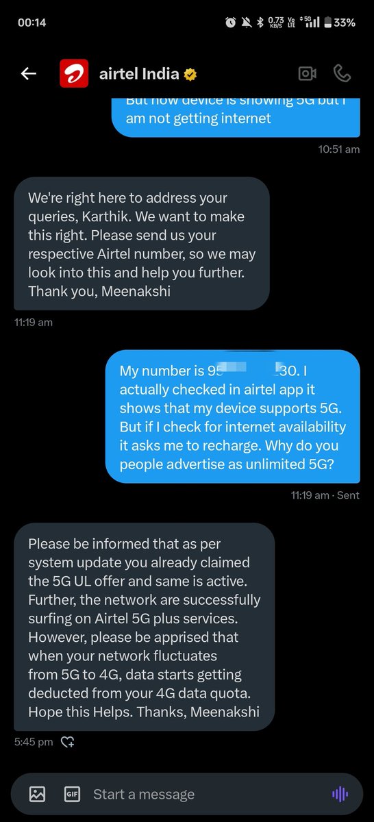 Karbaabu's tweet photo. Do Airtel really offering unlimited 5G? I purchased new 5G mobile and was excited about unlimited 5G.After consuming my regular data limit that is 2GB internet jus disconnects.I reached out to customer care, that bot states I need to recharge. STOP misleading people @airtelindia https://t.co/KofGMDGc8X