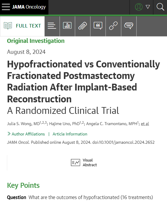 A randomized trial of hypofractionated postmastectomy radiation in breast cancer patients with implant-based reconstruction revealed no difference in toxicity and comparable quality-of-life, suggesting that shorter treatment can be used safely. ja.ma/3SOeqV6