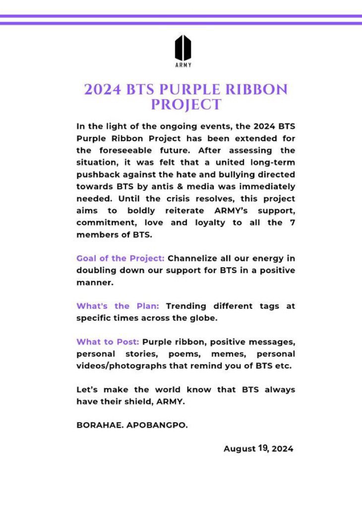 BlueeDenise's tweet photo. ARMYs❣️

Please spread these translations for #BTSPurpleRibbonProject

Available in 8 languages;

Japanese, Portuguese, Spanish, Turkish, Bengali, Hindi, French &amp; English

This is to call for ARMYs to join in the support project💜

#ArmyShieldsBTS
#2024PurpleRibbonProject https://t.co/ehhnwmMJfy