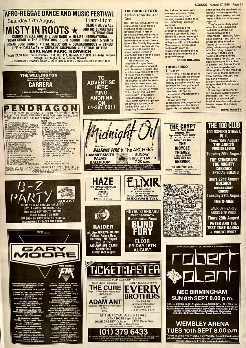 ZoundsAbound's tweet photo. Decisions, decisions!
So #TheScientists at the Tunnel Club should be good, @midnightoilband & #BeltaneFire at the Hammersmith Palais, likewise.
@ExploitedBand at Adam & Eves in Leeds & finally #TheStingrays at the 100 Club.
Have a great week!
Sounds Aug 17th 1985 https://t.co/4d5VghRjG0