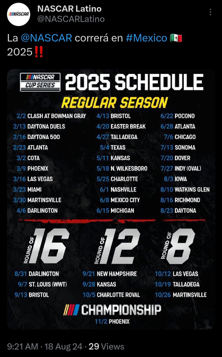 A_S12's tweet image. .@NASCARLatino, NASCAR's Spanish-language page, posted what appeared to be the 2025 NASCAR Cup schedule this morning before later deleting the post.

🔲 The account is managed by an external vendor of NASCAR's, and NASCAR said the posted schedule is "not entirely accurate."