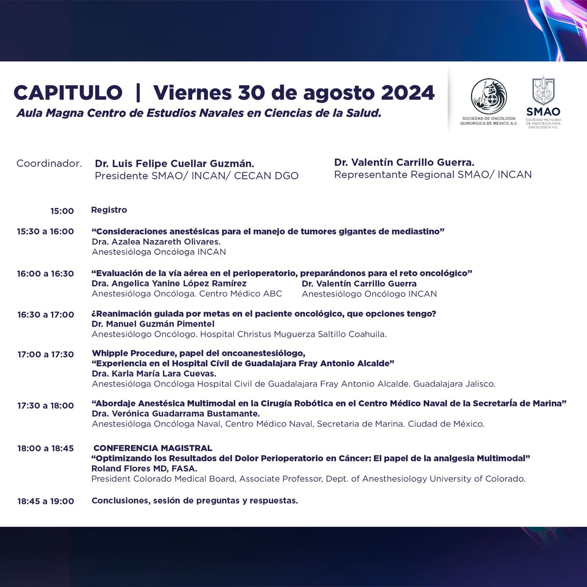 SMAOANESTONCO's tweet photo. "ANESTESIA ONCOLOGICA, UN SOLIDO PRESENTE CON PROYECCION A FUTURO" 3er Encuentro @SMAOANESTONCO  6to Encuentro Sociedad  Oncología Quirúrgica de México AC.  29 al 31 de Agosto 2024. Capitulo/Taller, Centro de estudios navales  ciencias de la salud/Centro de Simulación SEMAR CDMX. https://t.co/iASXTUnTcf