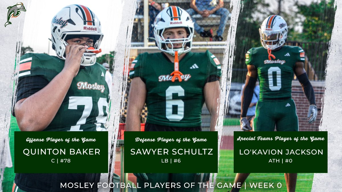 Mosley Football (@mosleydolphinfb) on Twitter photo Congratulations to our Players of the Game vs South Walton
Offense - <a href="/Quinton_77/">Quinton Brewer</a>
Defense - <a href="/schultzsawyer6/">Sawyer</a>
Special Teams - <a href="/JacksonLokavion/">LoJackk๐ด๐ฝ</a>
#MosleyMade
<a href="/ESPNPC1043/">ESPN Northwest Florida</a> <a href="/AdebanjiBamide1/">Banji Bamidele</a> Congratulations to our Players of the Game vs South Walton
Offense - <a href="/Quinton_77/">Quinton Brewer</a>
Defense - <a href="/schultzsawyer6/">Sawyer</a>
Special Teams - <a href="/JacksonLokavion/">LoJackk๐ด๐ฝ</a>
#MosleyMade
<a href="/ESPNPC1043/">ESPN Northwest Florida</a> <a href="/AdebanjiBamide1/">Banji Bamidele</a>
