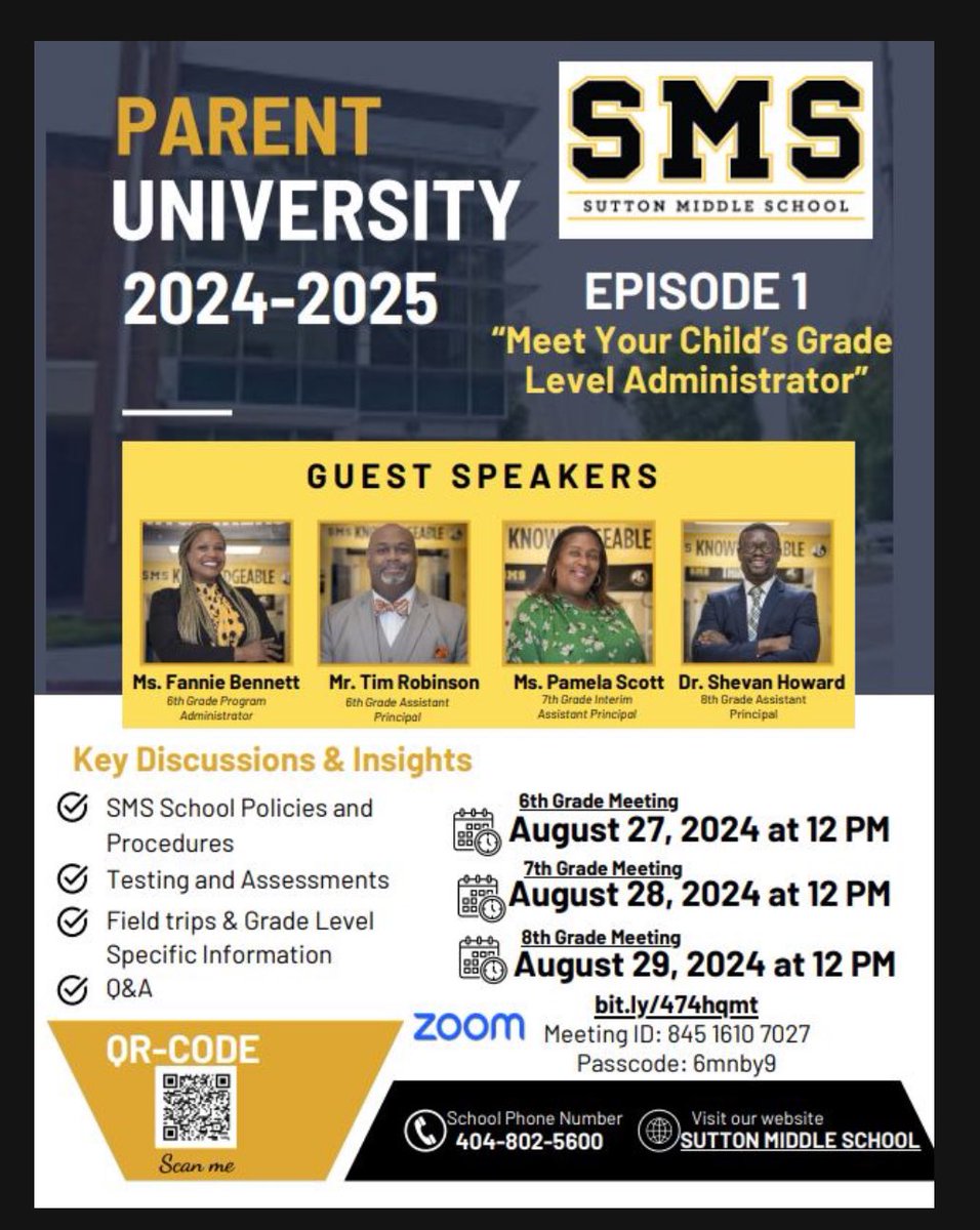 Dr. Dominique R. Merriweather (@merriweatheredu) on Twitter photo Please join us for Parent University Episode 1: Meet your Child's Grade Level Administrator! Refer to flyer below for dates, key discussion topics, additional information, and QR Code. 💛🖤 <a href="/SuttonCougars/">Sutton Cougars</a> Please join us for Parent University Episode 1: Meet your Child's Grade Level Administrator! Refer to flyer below for dates, key discussion topics, additional information, and QR Code. 💛🖤 <a href="/SuttonCougars/">Sutton Cougars</a>