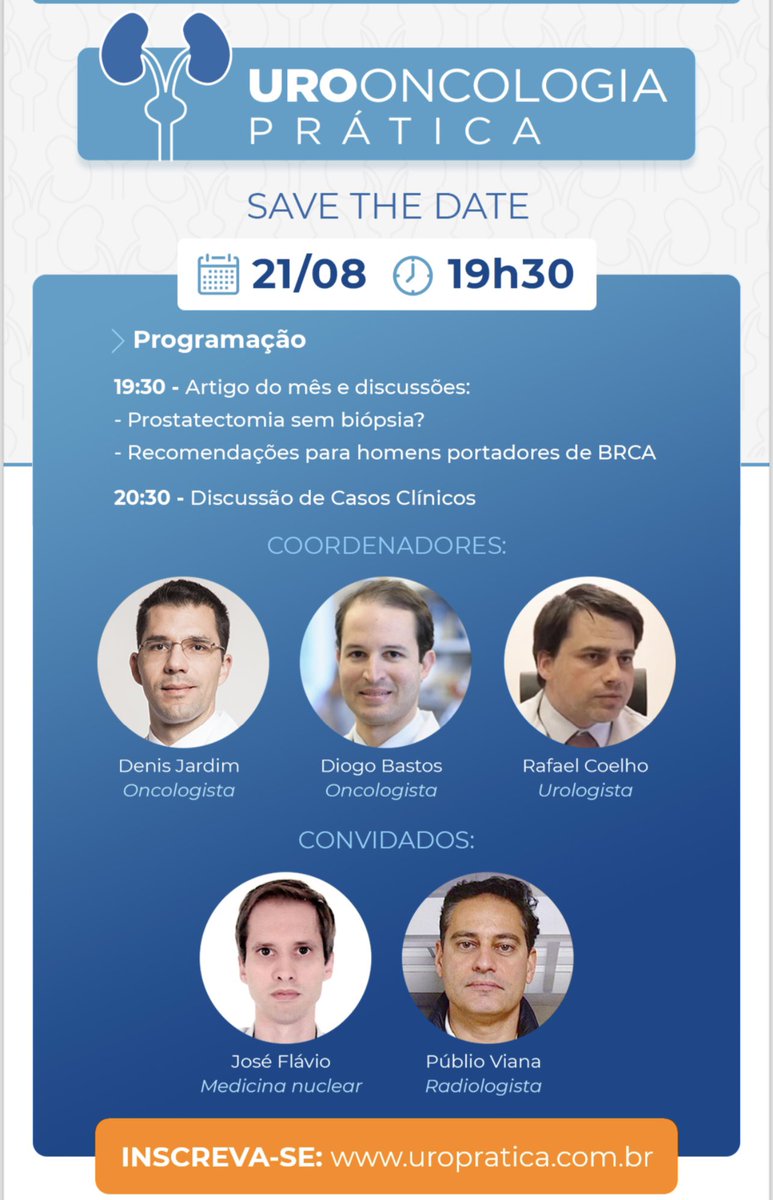 Very interesting and important topics for our next online meeting: 1) Prostatectomy without biopsy? 2) Recommendations for BRCA 1/2 men. 
👉07/10/24 ⏰7:30 pm (GMT-3)
Register online and free at uropratica.com.br
<a href="/RafaelFCoelho2/">Rafael Coelho</a> <a href="/DiogoAssed/">Diogo Assed Bastos</a> <a href="/PublioViana/">Publio Viana</a>