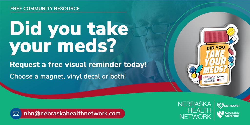 ACONHN's tweet photo. When it comes to taking your medication, consistency is key. Setting a routine can help you remember to take your meds. NHN is here to help. Request a free visual reminder. Choose a vinyl decal, magnet or both!  Email nhn@nebraskahealthnetwork.com.  https://t.co/Fr1kSY52Wl #ACO https://t.co/xtCPEjOzdf