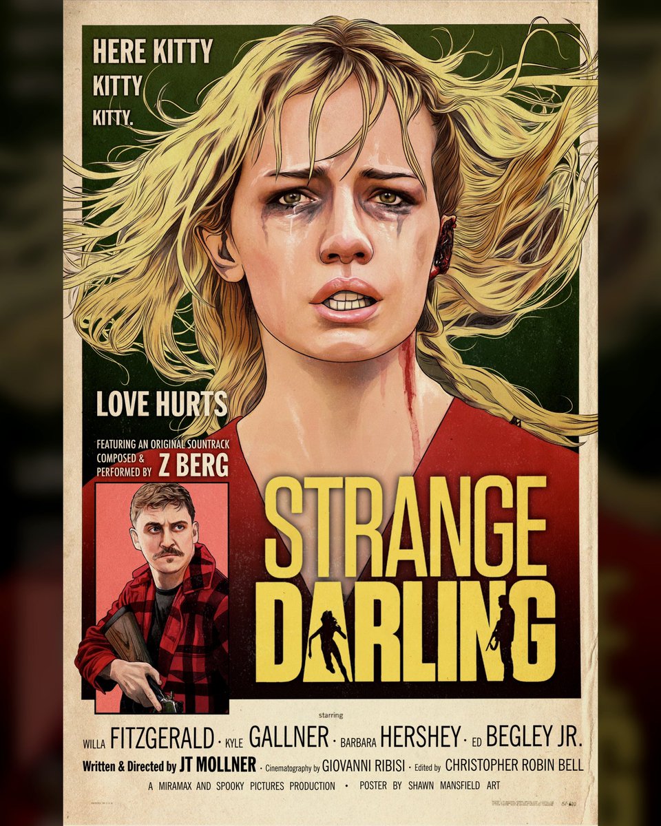 ShawnMansfield's tweet photo. STRANGE DARLING - an instantly iconic masterpiece @willafitz @KyleGallner Dont miss this one yall, had to make a poster… already thinking of a vhs design @strangedarlingx @jtmollner https://t.co/QDcWph3QOx