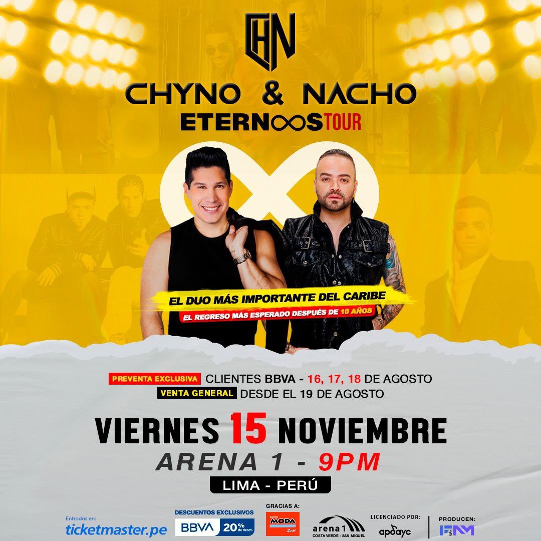 nacholacriatura's tweet photo. #Perú, nos vemos el 15 de Noviembre en el “Arena 1” de Lima con nuestro #EternosTour 🎟️🔥. Están listos?. Tickets por: https://t.co/gVSLKNpQVd  #ChynoyNacho https://t.co/y8D5X8qmi9
