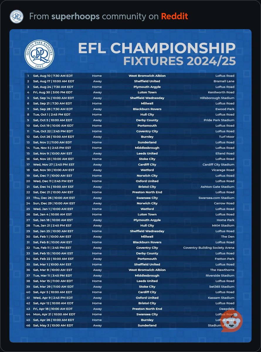 QPRDC's tweet image. 2024/25 QPR fixture