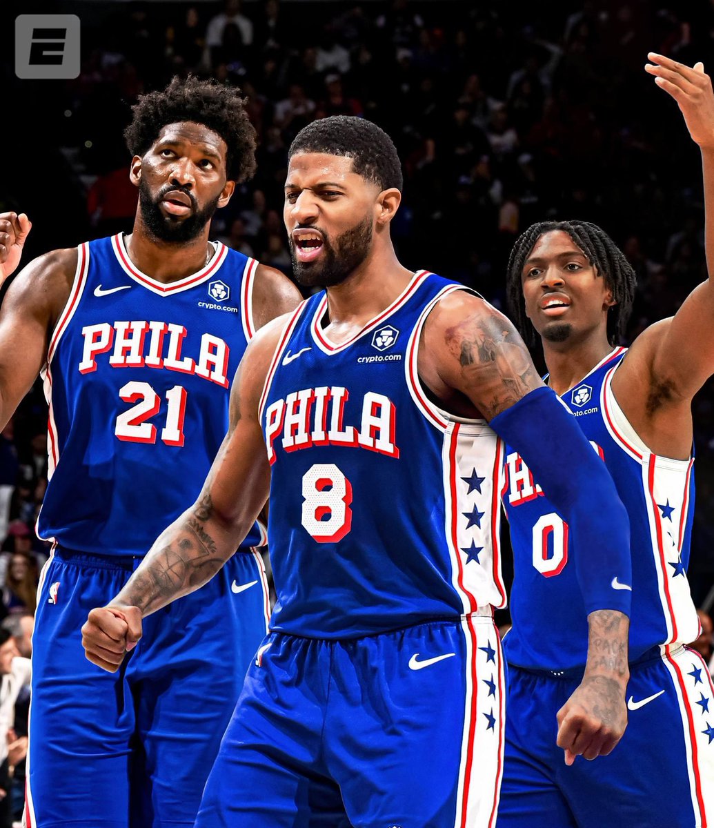 KalshiHoops's tweet photo. The 76ers rotation is looking STACKED going into this season:

PG: Tyrese Maxey
SG: Kelly Oubre Jr.
SF: Paul George
PF: Caleb Martin
C: Joel Embiid

PG: Kyle Lowry
SG: Jared McCain/Eric Gordon
SF: Ricky Council IV/KJ Martin
PF: Guerschon Yabusele
C: Andre Drummond

😮‍💨 https://t.co/jZWJLkCPH7