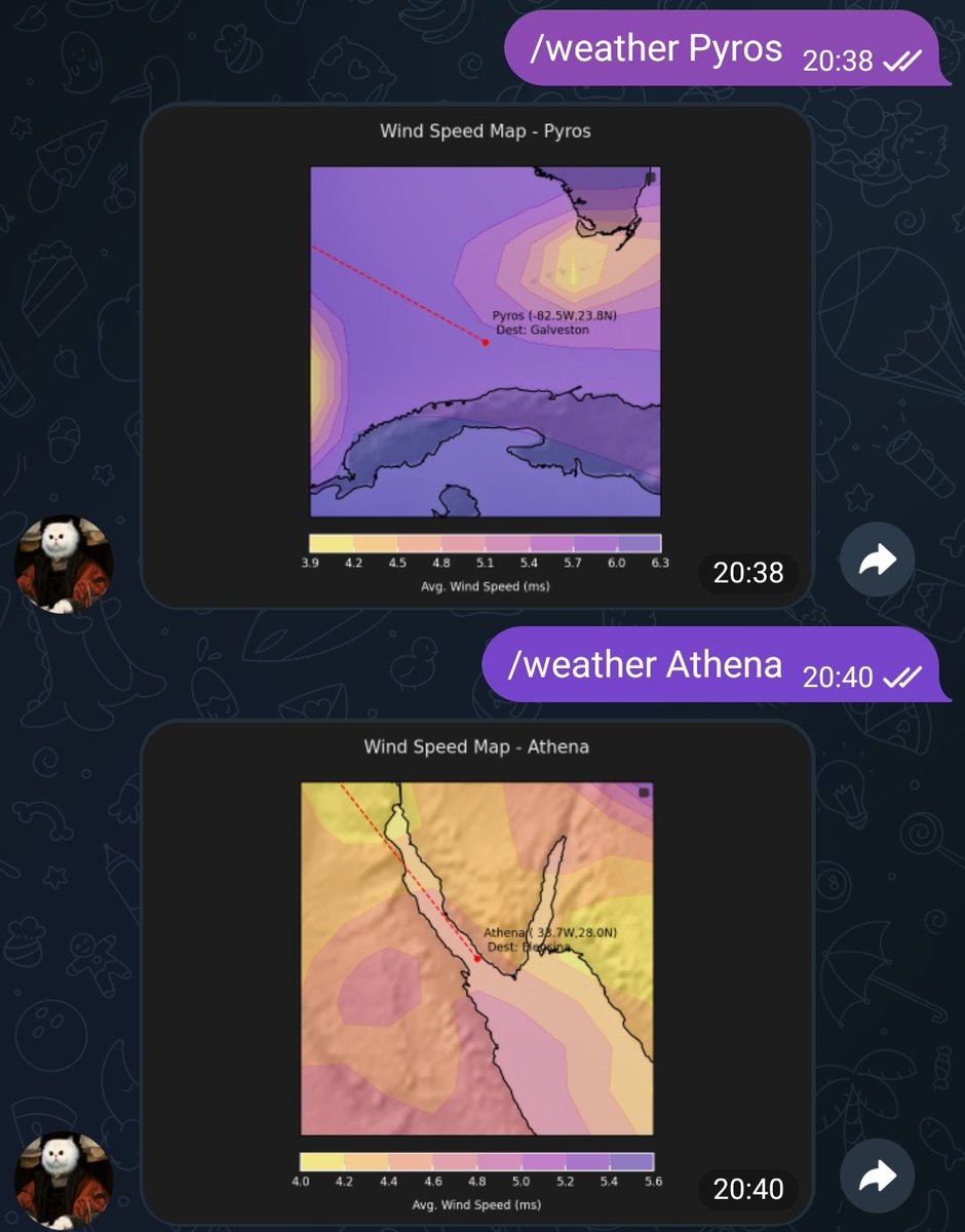 FivosD's tweet photo. Combined EQKit's new Telebot integration with the new GeoPlotter module and NASA Power API to plot weather data on request for a fleet of vessels. https://t.co/mu2yesiKlI