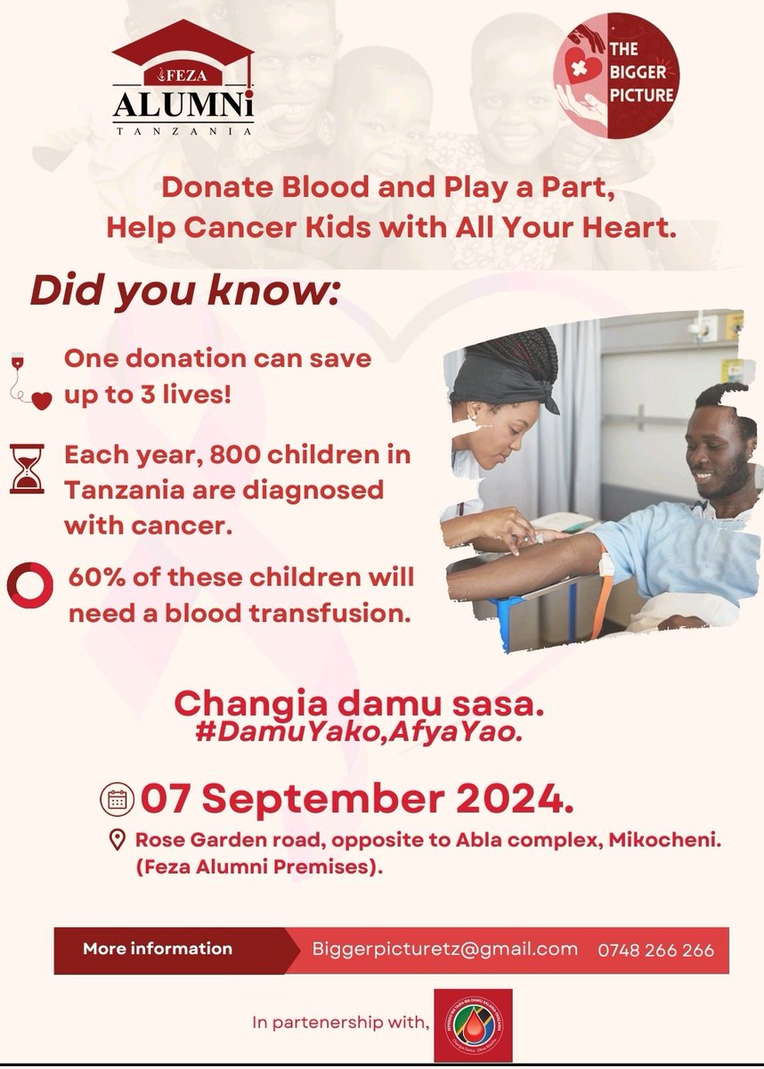 fezaalumni's tweet photo. Let's come together as a community to support those in need. Your blood donation can make a world of difference. 
Join us on September 7th at the Feza Alumni Premises to give the gift of life. 
Together, we can create a healthier Tanzania. #DamuYakoAfyaYao #BloodDonation https://t.co/QDnQbKEvXC