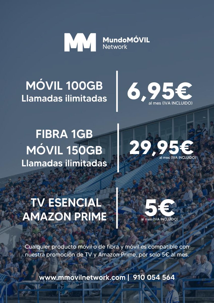 JerezInd_CF's tweet photo. ¡Atención, socios del @JerezInd_CF! ⚽📱
Esta nueva temporada, @mmovilnetwork trae tarifas exclusivas solo para vosotros. 😉
Disfruta de *FIBRA y MÓVIL* a precios imbatibles.
¡Conéctate y apoya a tu equipo con la mejor conexión! 🤍💙
#MundoMÓVILNetwork #NuevasTarifas #T2425 https://t.co/E3m7i5Jvm4