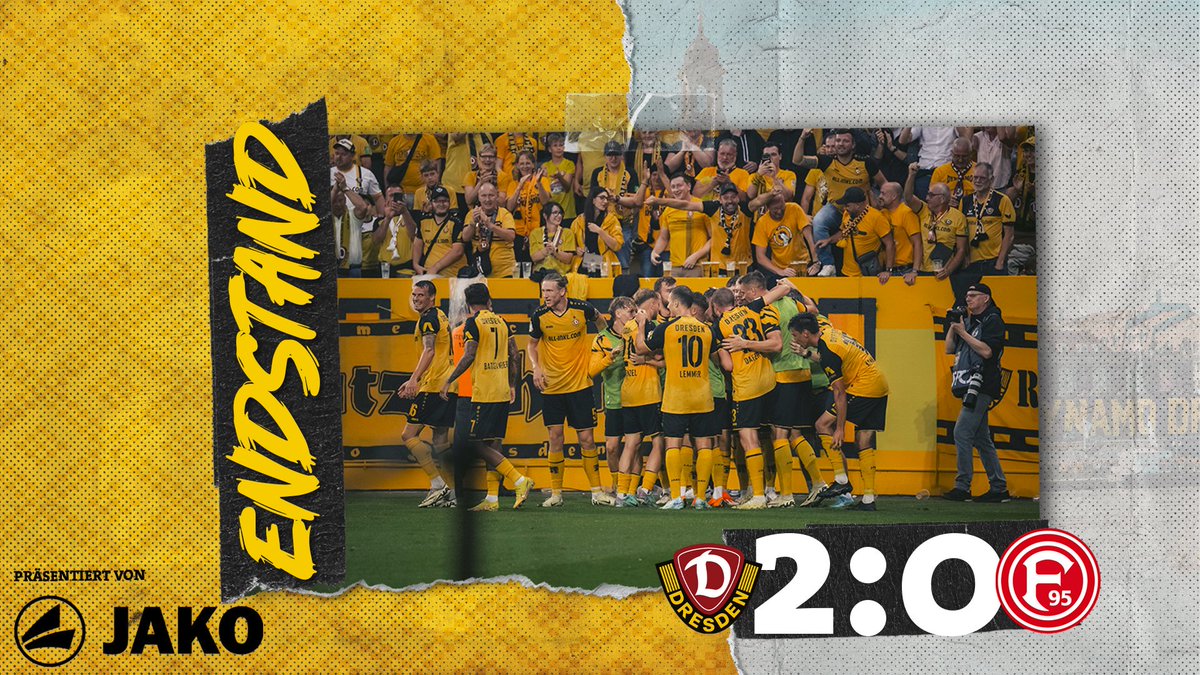 DynamoDresden's tweet photo. 90'+5 JAAAA! Wir besiegen Fortuna Düsseldorf und stehen in der 2. Runde des DFB-Pokals! 🥳 #SGDF95 2:0 #sgd1953 https://t.co/Qly0Js3Uxi