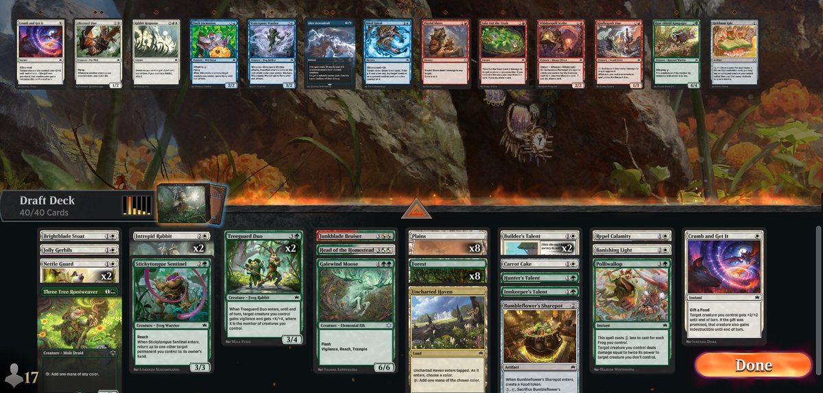 daniel_multer's tweet image. 4-0 in the Arena Open D2 Draft 1
First time playing Builder&apos;s Talent, and they were great
Deck was able to go much wider than I expected (and maybe I should have played Rabbit Response)
Highlights were attacking with a 17/17 Moose and a 15/15 Moose
@fireshoes @mtghorde