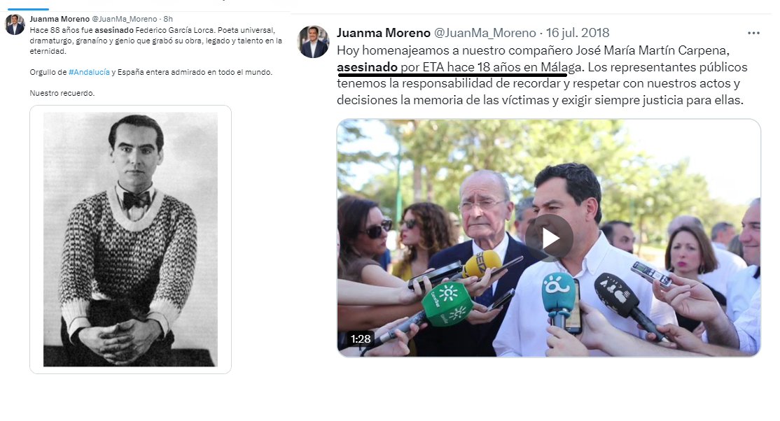 ARMH_Memoria's tweet photo. Hay que recordarle al presidente de la Junta de Andalucía @JuanMa_Moreno quiénes fueron los asesinos de Federico García Lorca, porque cuando le interesa señala a los verdugos y cuando es la derecha fascista que dio un violento golpe de Estado en 1936 prefiere omitirlo. https://t.co/bdEJBt5COV