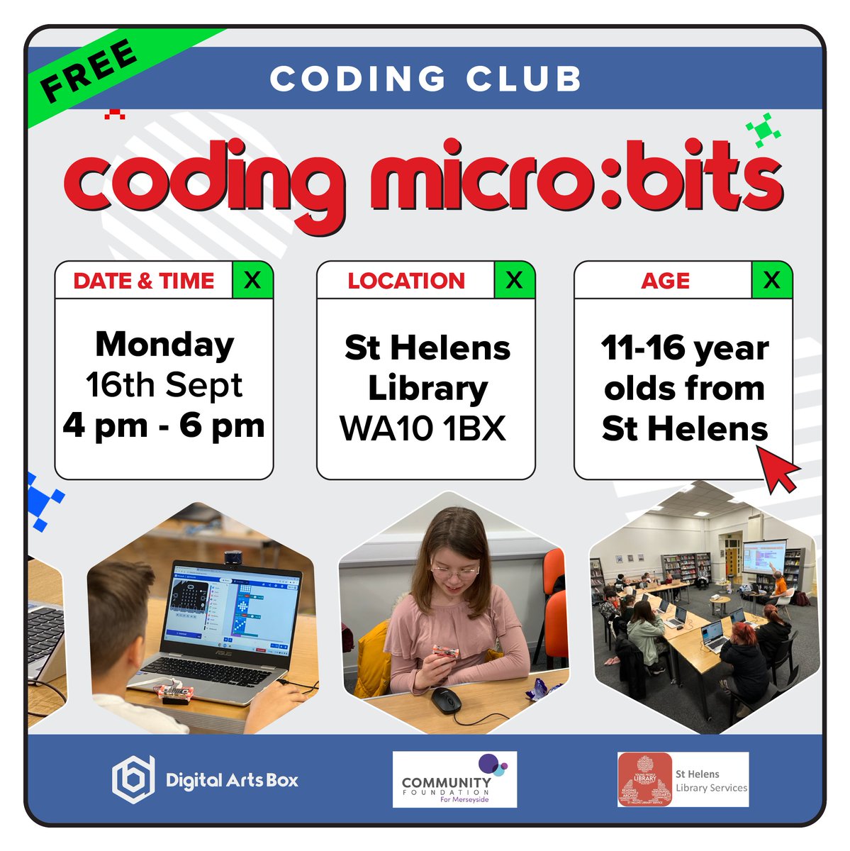 DigitalArtsBox's tweet image. 🚀 Calling all young coders! Join us for a FREE coding workshop where your young person can learn to code three exciting games: Snap the Dot, Rock Paper Scissors, and Tug of War using a micro:bit 🎮.

See below for more info

#StHelens #CodingClub #CodingGames #micro:bit #Coding