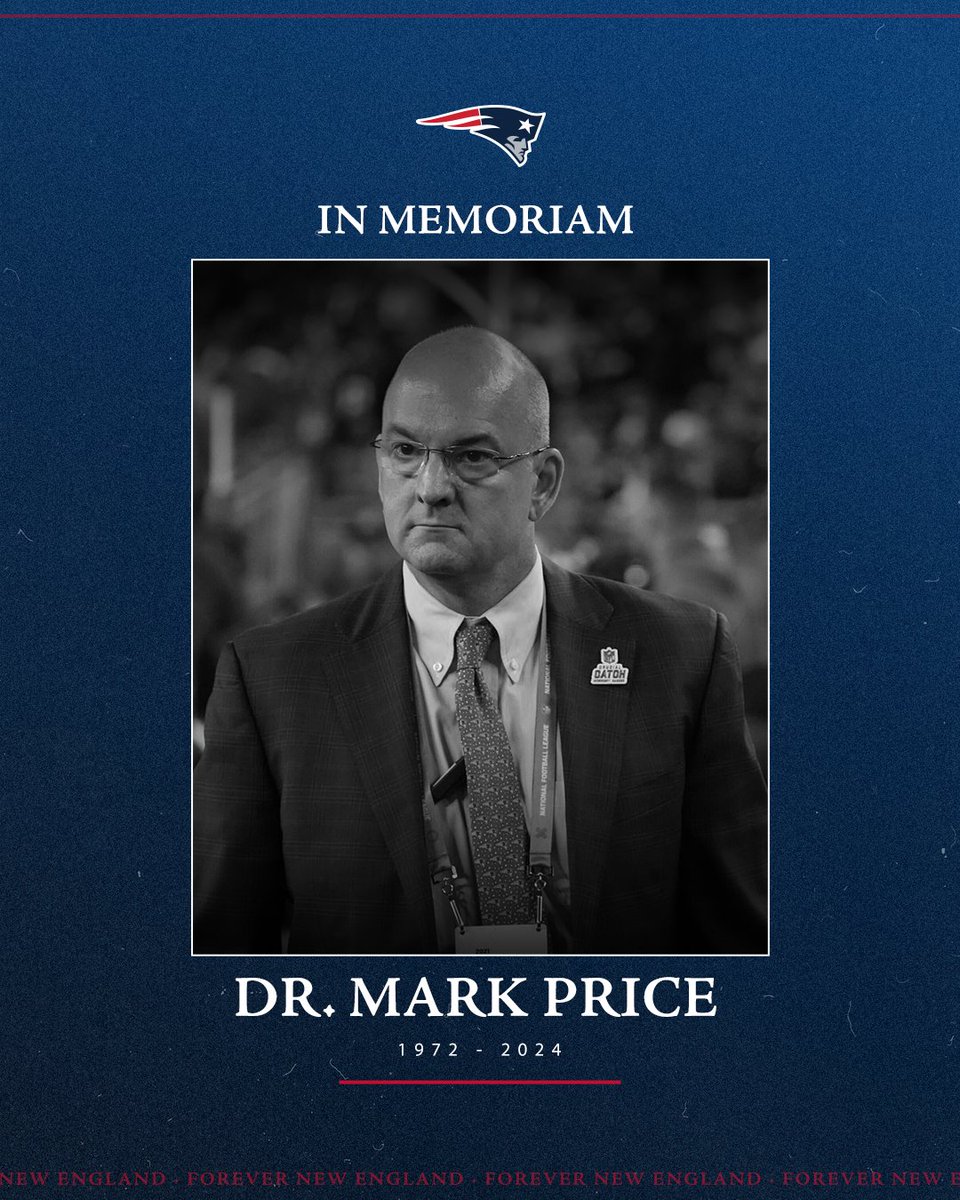 Patriots's tweet image. The New England Patriots are deeply saddened by the passing of team physician Dr. Mark Price. 

Statement from Patriots Chairman and CEO Robert Kraft: bit.ly/3yzqNh9