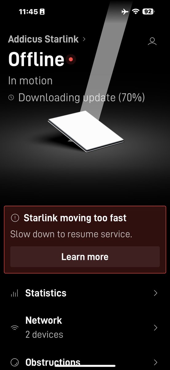 stephenmiles85's tweet photo. @Starlink and @elonmusk I love the new Starlink Mini.  

We purchased the Mini Roam plan in hopes that we could use it “in motion” at altitude. 

The good news is it seems to work perfectly and even downloaded an update before we received an error that we were “moving to fast”.  

What is the maximum speed we can use the Mininwith the Roam plan and can we get that bumped up a bit. 😎

Happy to pay a little extra to cover warp speed. 

Pics below were taken at 26k feet with a ground speed of approximately 350 mph.