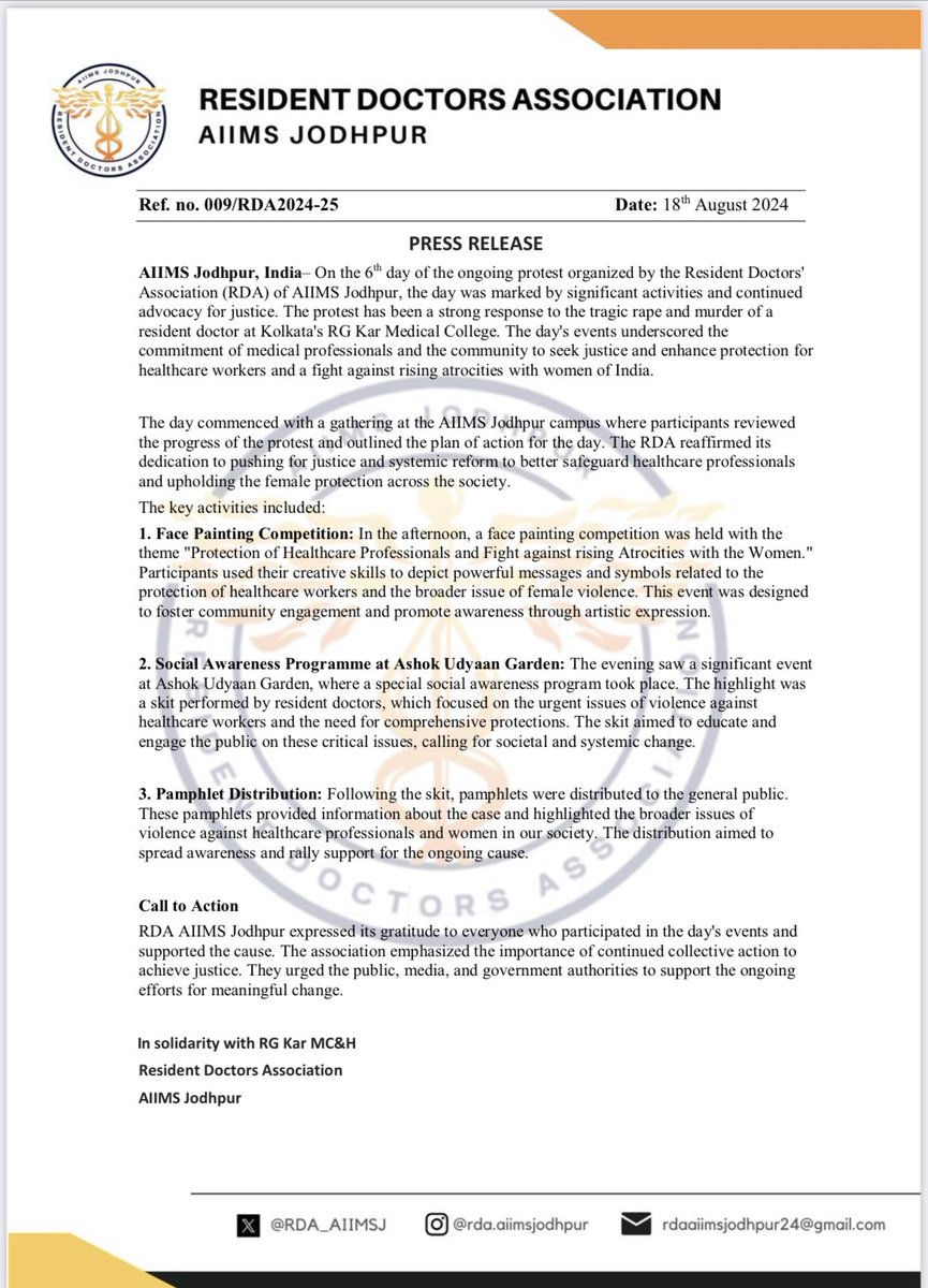 RDA_AIIMSJ's tweet photo. Press release: Day 6 of protest at AIIMS Jodhpur 18:08:2024
#JusticeForAbhaya #ViolenceAgainstWomen #MedicalCommunityUnited #StandWithRGKAR
#WeDemandCPA 
@RDA_NIMHANS @RDA_India @AIIMSRDA @MoHFW_INDIA @PMOIndia @rashtrapatibhvn @ABPNews @NewsArenaIndia @ZeeNews @CNNnews18 https://t.co/olpXgBikDK