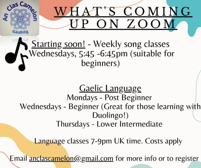 we’ve got some new classes starting soon! 

our song workshop have proved very popular so we can now offer weekly classes.  

we also have different levels of language classes 

#gaelic  #duolingo #song #language #learn