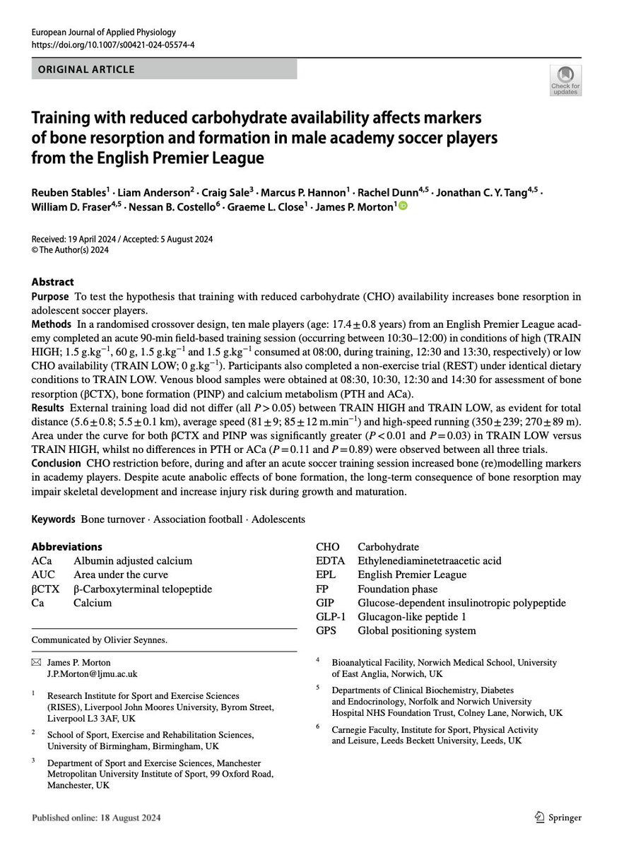 James Morton (@jamesymorton) on Twitter photo Our latest FREE paper.
Training with reduced carbohydrate availability affects markers of bone turnover in male academy football players. Congrats to <a href="/StablesReuben/">Reuben Stables</a> and collaborators on another paper from his PhD <a href="/LJMU/">Liverpool John Moores University</a> <a href="/LJMUSportSci/">LJMU Sport Science</a>
<a href="/premierleague/">Premier League</a> <a href="/FA/">The FA</a>
link.springer.com/article/10.100… Our latest FREE paper.
Training with reduced carbohydrate availability affects markers of bone turnover in male academy football players. Congrats to <a href="/StablesReuben/">Reuben Stables</a> and collaborators on another paper from his PhD <a href="/LJMU/">Liverpool John Moores University</a> <a href="/LJMUSportSci/">LJMU Sport Science</a>
<a href="/premierleague/">Premier League</a> <a href="/FA/">The FA</a>
link.springer.com/article/10.100…