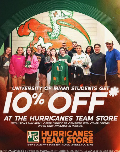 Did you know University of Miami students get a 10% discount at the Hurricanes Team Store? Stop by and stock up on all your gear for the year! Just show your Cane Card at the register to get your discount. @MiamiHTS