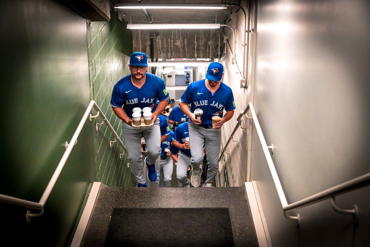 BlueJays's tweet photo. POV: You see your fave team’s rookies making a coffee run in full uni 🤣 https://t.co/Q6m5Geg2LS