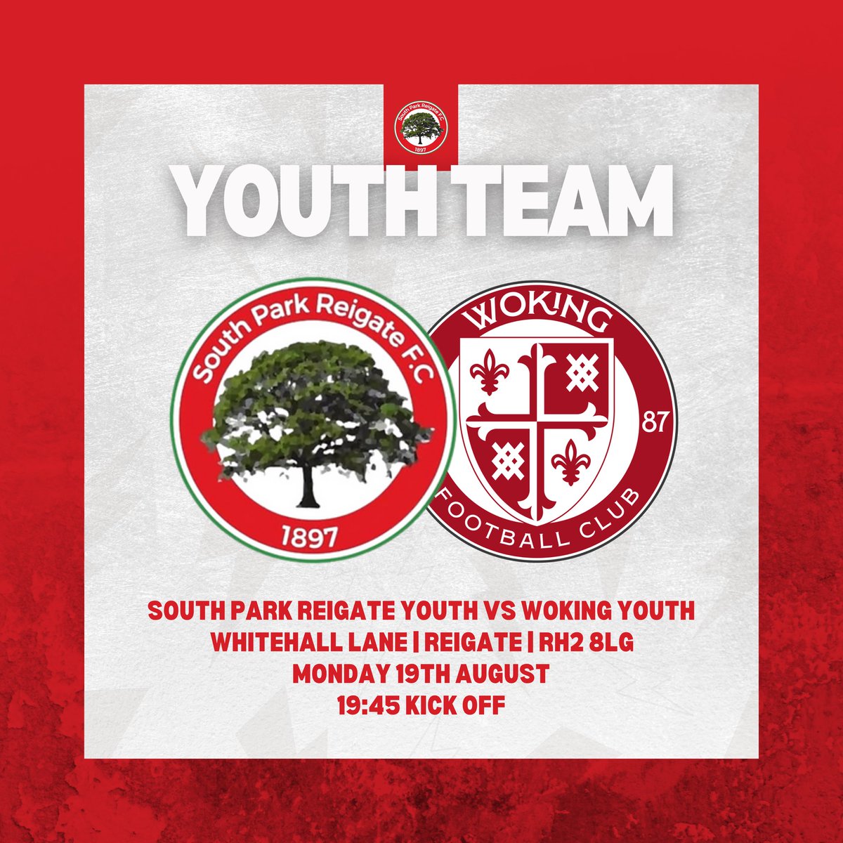 ⚡️| 𝗬𝗢𝗨𝗧𝗛 𝗙𝗢𝗢𝗧𝗕𝗔𝗟𝗟

Monday night football fix? Our U18’s are at home tomorrow night vs <a href="/wokingfc/">Woking Football Club</a> 18’s. 

⌚️ 19:45 KO
🏟 Whitehall Lane | RH2 8LG
🏆 <a href="/IsthmianLeague/">The Pitching In Isthmian League</a> Youth Central
💸 Adults £5 | Concess £2 | U16 FREE
🍔 Refreshments
🍻 Bar open

❤️💚🌳⚡️

#UpTheSparks