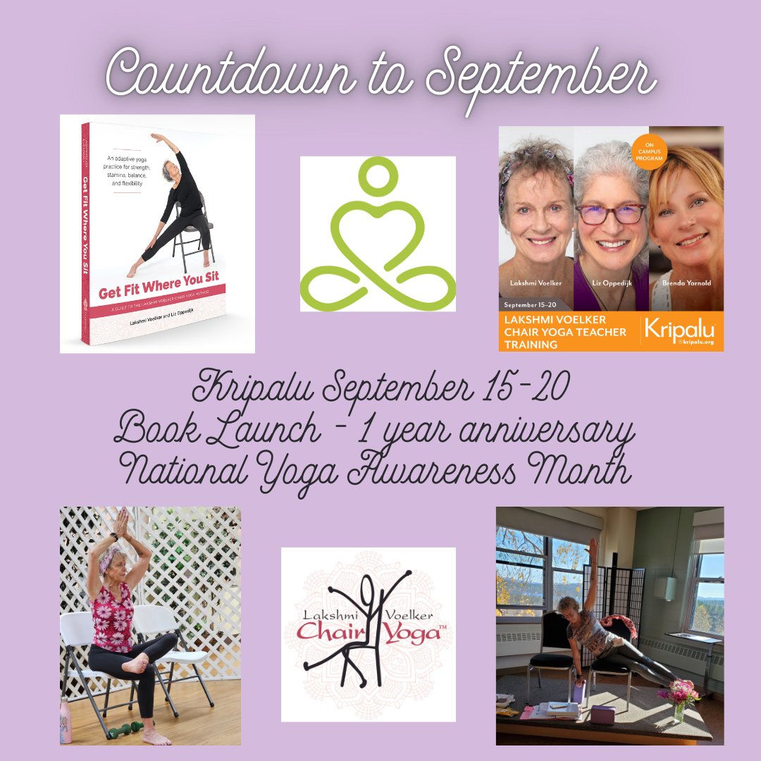 Counting down! September is a month full of CELEBRATIONS for Lakshmi and Liz! 🎉Join us to celebrate our book anniversary, another training at Kripalu and National Yoga Awareness Month  ☯️ #Getfitwhereyousit #Yogaresource #Kripalu #Nationalyogamonth #Yoga #Chairyoga