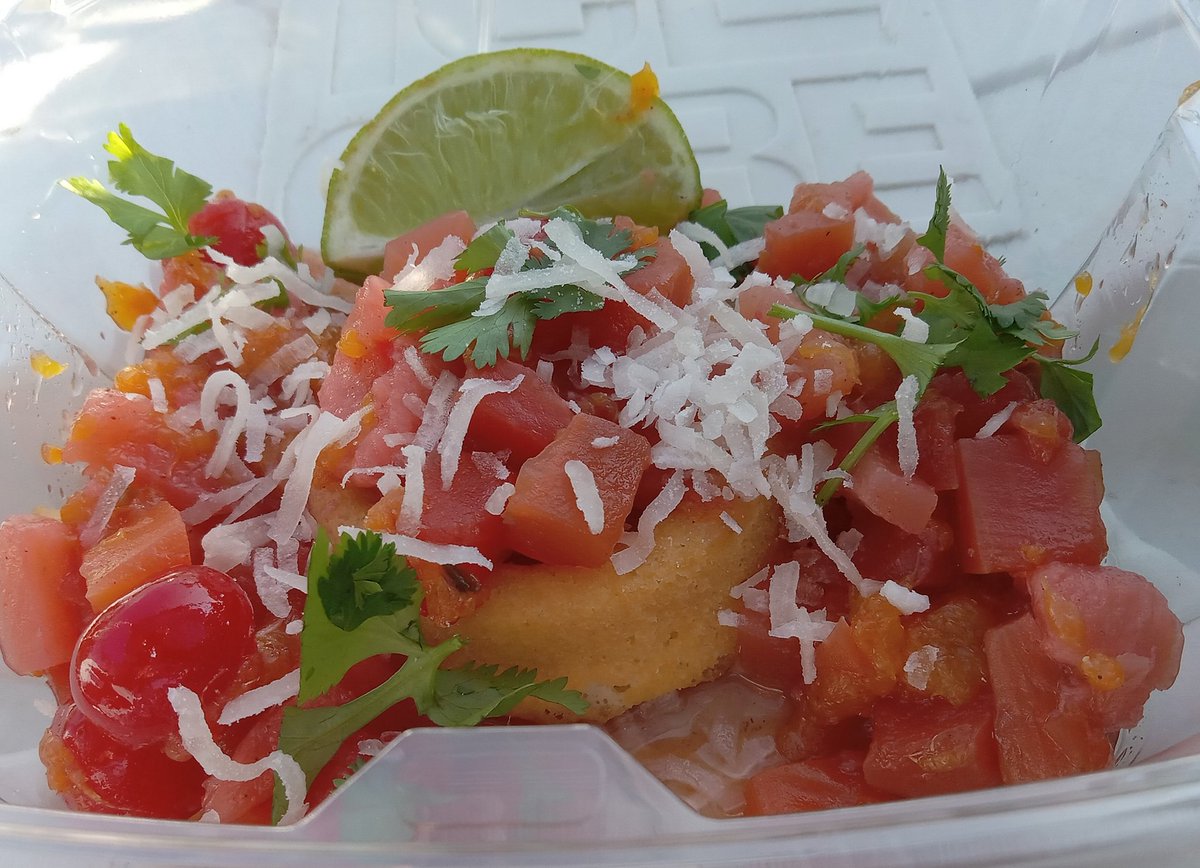 Made this yesterdday fir an event. Caribbean Jerk Chicken with Coconut Pineapple Rice and Tropical Fruit Compote served over a Sponge Cake cup.