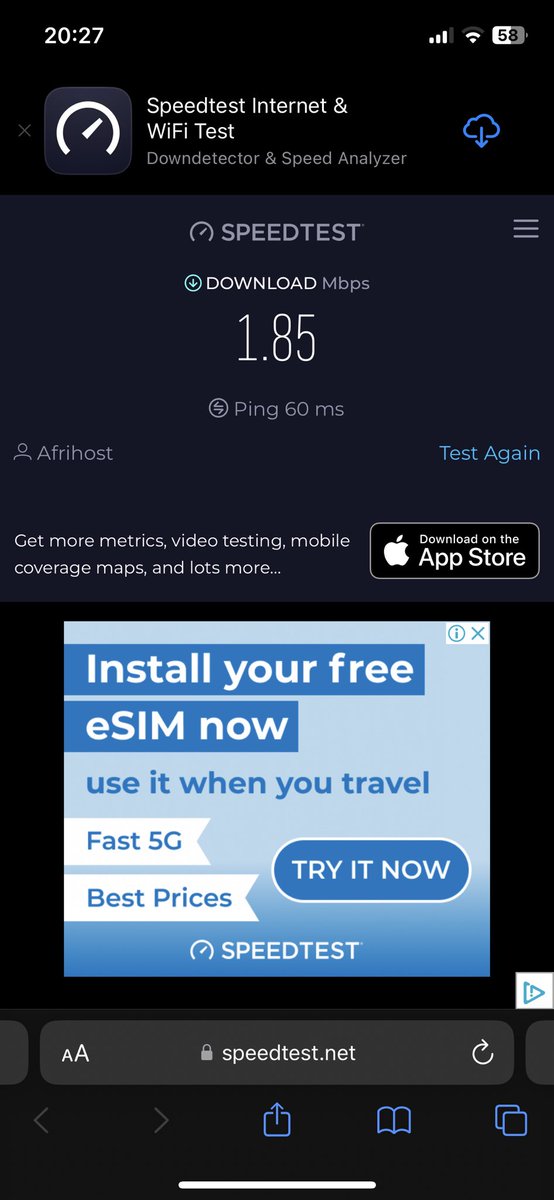 gregoparks's tweet photo. @Afrihost I’m not a happy oke. 

Pic 1 is my Mobile wireless Pure LTE 4g from you at 1.85mbps. 
EVERY night it’s terrible like this! 

As a comparison : 
Pic 2 is my mobile phones MTN 5g data at 146mbps! 

Solution needed asap, please. https://t.co/coxNUCmkhL