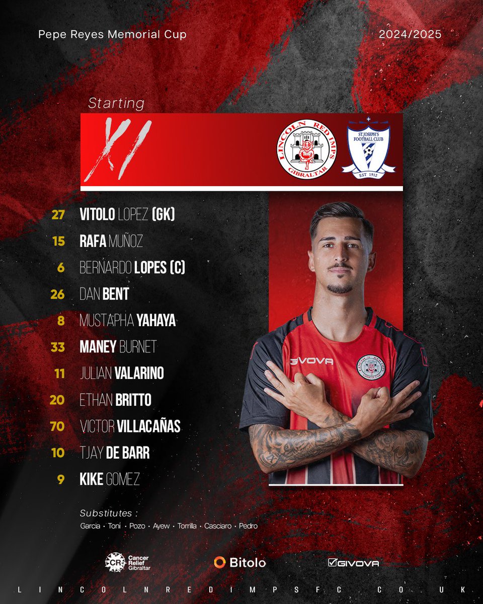 Lincoln Red Imps FC (@lincolnredimps) on Twitter photo 📋 Our lineup this evening!
8️⃣ changes - in comes <a href="/1vitolo/">Victor Lopez Medel</a>, <a href="/mustaphayahaya1/">mustapha yahaya</a>, <a href="/kike9most/">kike_94</a>, Julian Valarino, <a href="/Rafabenavides3/">Rafa Muñoz</a>, <a href="/DanBent/">Dan Bent</a>, Djumaney Burnet and <a href="/VVM101/">Víctor Villacañas</a>
Kick off at 9pm
#LRI 👹 📋 Our lineup this evening!
8️⃣ changes - in comes <a href="/1vitolo/">Victor Lopez Medel</a>, <a href="/mustaphayahaya1/">mustapha yahaya</a>, <a href="/kike9most/">kike_94</a>, Julian Valarino, <a href="/Rafabenavides3/">Rafa Muñoz</a>, <a href="/DanBent/">Dan Bent</a>, Djumaney Burnet and <a href="/VVM101/">Víctor Villacañas</a>
Kick off at 9pm
#LRI 👹