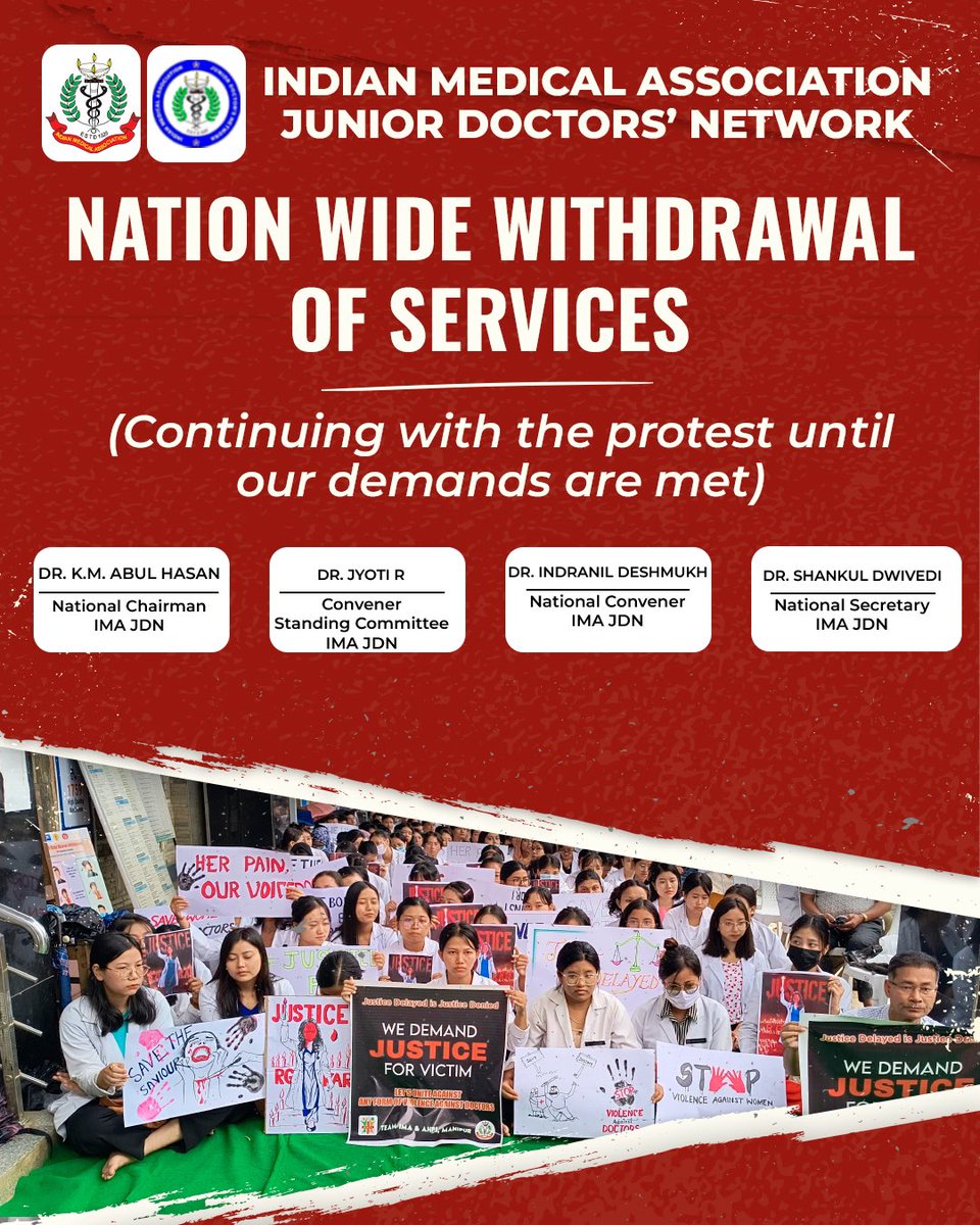 imajdnnational's tweet photo. Nation Wide Withdrawal Of Services.
(Continuing with the protest until our demands are met)

@ANI @htTweets @timesofindia @IndiaToday @aajtak @ABPNews @indiatvnews 

#RGKarCollege https://t.co/uPke3PbmDU