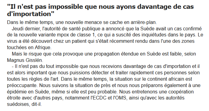 nicolasberrod's tweet photo. Voici ce que dit l'article (toujours utile de remonter à la source) : "Il n'est pas du tout impossible d'avoir davantage de cas importés" et "nous nous préparons également à une épidémie en Suède, même si elle est peu probable."
Bref, rien de neuf (à ce jour). 🤷♂️ #notbreaking