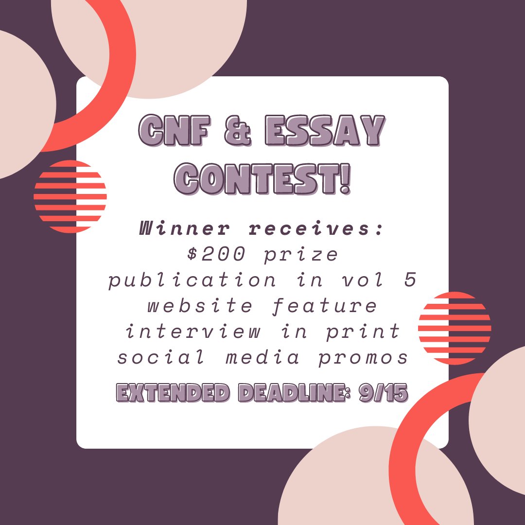 Thank you to everyone who submitted to our contest this past month! Summer has been flying by, so if you didn't get a chance to submit, don't worry. We are extending our contest submission deadline to 9/15!
#CNF #Essays #Contest #writing #WritingCommunity #writingcontest #submit